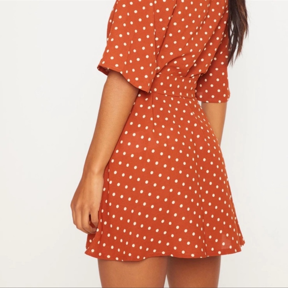 PrettyLittleThing Terracotta Polka Dot Tea Dress - Picture 3 of 6
